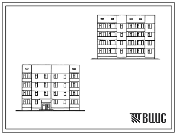 Фасады Типовой проект 26-0111.13.87 Четырехэтажная блок-секция рядовая с торцевыми окончаниями правая на 12 квартир. Для Украинской ССР