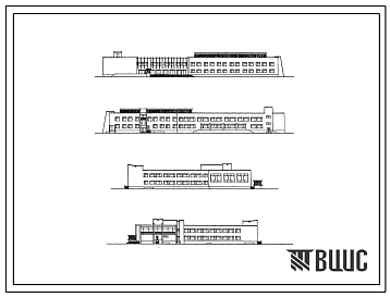 Фасады Типовой проект 244-5-19 Лечебно-учебный корпус со стенами из местных материалов (в кирпиче) для пионерских лагерей санаторного типа на 500 мест. Для строительства в IВ климатическом подрайоне, II и III климатических районах.