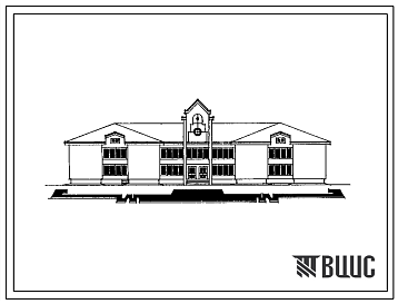 Фасады Типовой проект 224-1-705.92 Средняя школа на 11 классов (198 учащихся) со стенами из кирпича. Здание двухэтажное.