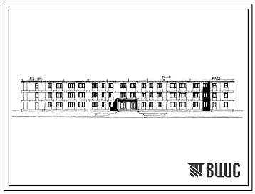 Фасады Типовой проект 223-9-17-168 Интернат (спальный корпус) на 280 мест при общеобразовательной школе. Здание трехэтажное. Конструкции серии 17. Стены из крупных легкобетонных блоков.