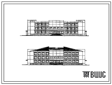 Фасады Типовой проект 221-1-524.86 Средняя школа на 11 классов (264 учащихся). Здание  двух-, трехэтажное. Стены из  легкобетонных панелей.