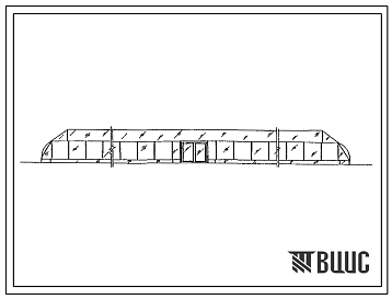 Фасады Типовой проект 810-1-16.86 Блок пленочных теплиц площадью 1 га для выращивания рассады в открытый грунт. Размеры теплицы - 4(24x114) м. Расчетная температура: -15°С. Арки - металлические. Покрытие и боковое ограждение - полиэтиленовая пленка
