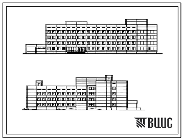 Фасады Типовой проект 252-2-21 Акушерский корпус на 100 коек. Здание  четырехэтажное.  Каркас сборный железобетонный серии ИИС-04. Стены из легкобетонных панелей.