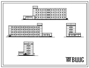 Фасады Типовой проект 252-3-11 Спальный корпус на 100 коек для психохроников. Здание одно-, четырехэтажное. Каркас сборный железобетонный серии ИИ-04. Стены из керамзитобетонных панелей и кирпича.