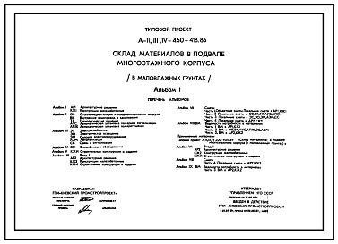 Состав Типовой проект A-II,III,IV-450-418.88 Склад материалов в подвале многоэтажного корпуса в маловлажных грунтах  (убежище на 450 человек, размеры убежища 18м на 18м, режимы вентиляции убежища 1,2)