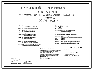 Состав Типовой проект В-IV-225-50.90 Заглубленное здание вспомогательного назначения. Стены из железобетонных панелей по серии У-01-01/80 (для сухих и водонасыщенных грунтов).  (убежище на 225 человек, размеры убежища 98м на 48м, режимы вентиляции убежища 1,2,3)