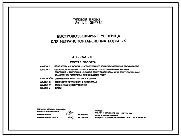 Состав Типовой проект Ау-II,III-25-47.84 Быстровозводимые убежища для нетранспортабельных больных. Стены из трехзвенных железобетонных индивидуальных плит (для сухих грунтов). (убежище на 25 человек, размеры убежища 29,26м на 6,6м, режимы вентиляции 1,2)