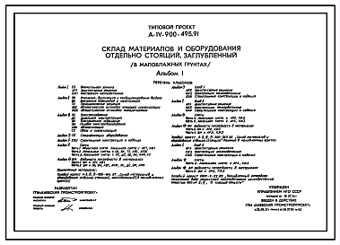 Состав Типовой проект А-IV-900-495.91 Заглубленный склад материалов и оборудования отдельно стоящий в маловлажных грунтах (убежище на 900 человек, размеры убежища 33м на 18м, режимы вентиляции 1,2,3)