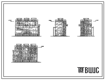 Фасады Типовой проект 901-6-69.84 Градирня трехсекционная с вентиляторами 3ВГ25 пленочная с секиями площадью 16 кв.м со стальным каркасом и пластмассовым оросителем