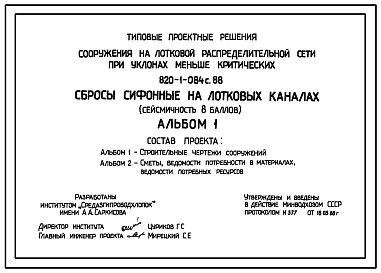 Состав Типовой проект 820-1-084c.88 Сооружения на лотковой распределительной сети при уклонах меньше критических. Сбросы сифонные на лотковых каналах