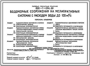 Состав Типовой проект 820-1-094.89 Водомерные сооружения на мелиоративных системах с расходом воды до 100 м.куб/с