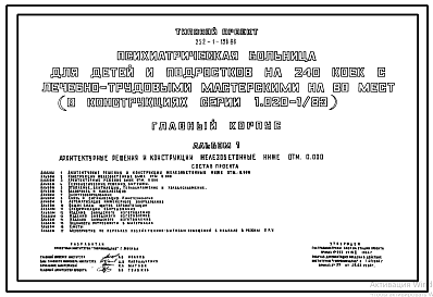 Состав Типовой проект 252-1-136.86 Главный корпус психиатрической  больницы для детей и подростков на 240 коек. Здание двух-, трёхэтажное. Стены из легкобетонных панелей по серии 1.030.1-1.