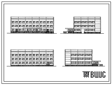 Фасады Типовой проект 252-4-21 Поликлиника на 240 посещений в смену детской больницы на 300 коек. Здание трёхэтажное. Каркас сборный железобетонный серии ИИ-04. Стены из керамзитобетонных панелей.