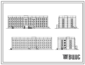 Фасады Типовой проект 252-4-32с Поликлиника на 380 посещений в смену. Сейсмичность 9 баллов. Здание четырехэтажное. Каркас сборный железобетонный серии ИИС-04. Стены из легкобетонных панелей.
