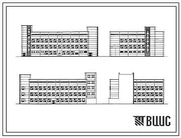 Фасады Типовой проект 252-5-33.84 Производственный корпус фракционирования крови станции переливания крови II категории. Здание четырехэтажное. Каркас сборный железобетонный серии 1.020-1. Стены из легкобетонных панелей.