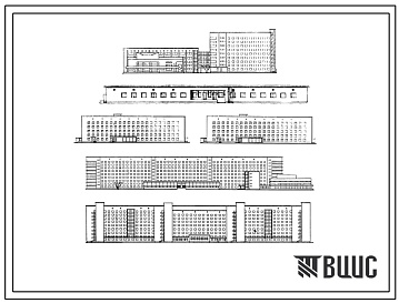 Фасады Типовой проект 254-1-15 Областная (краевая, республиканская) клиническая больница на 1000 коек с поликлиникой на 800 посещений в день. Для строительства во 2 и 3 строительно-климатических зонах. (Генеральный план. Главный корпус на 990 коей. Радиологическ