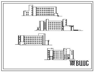 Фасады Типовой проект 254-3-33.83 Радиологический корпус онкологического диспансера со стационаром на 240 коек. Здание четырёхэтажное. Стены из кирпича.