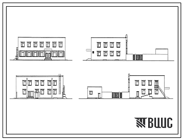 Фасады Типовой проект 254-8-13 Центральная районная аптека II категории. Здание двухэтажное. Стены из кирпича.