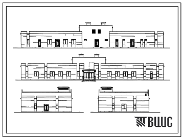 Фасады Типовой проект 254-9-85 Хозяйственный корпус  кардиологического диспансера на 120 коек. Здание  одноэтажное.  Стены из кирпича.