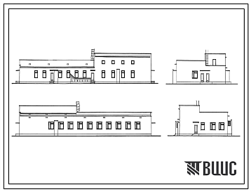 Фасады Типовой проект 254-9-83 Прачечная районной больницы на 400 коек с поликлиникой на 600 посещений в смену. Здание   одноэтажное. Стены из кирпича.