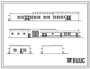 Фасады Типовой проект 254-9-92.83 Хозкорпус психоневрологического интерната на 200 мест с мастерскими трудотерапии на 100 рабочих мест. Здание одноэтажное. Стены из кирпича.