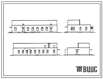 Фасады Типовой проект 254-9-93.83 Пищеблок центральной районной больницы на 250 коек с поликлиникой на 500 посещений в смену. Здание одно-, двухэтажное. Стены из кирпича.
