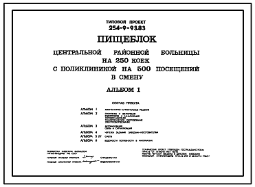 Состав Типовой проект 254-9-93.83 Пищеблок центральной районной больницы на 250 коек с поликлиникой на 500 посещений в смену. Здание одно-, двухэтажное. Стены из кирпича.