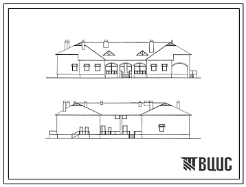 Фасады Типовой проект 254-8-46.2.87 Главный корпус сельской аптеки IV группы. Здание одноэтажное. Стены из кирпича. Конструктивные варианты со вспомогательными помещениями в подвале.