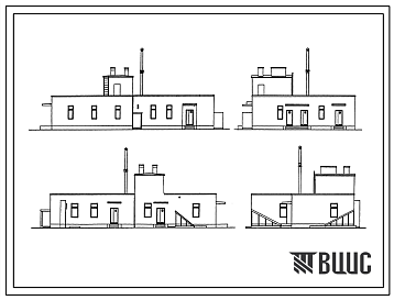 Фасады Типовой проект 254-9-100с.84 Дезотделение, мусоросжигательная печь, ремонтные мастерские  центральной районной больницы на 250 коек с поликлиникой на 500 посещений в смену. Сейсмичность 7, 8, 9 баллов. Здание  одно-, двухэтажное. Стены из кирпича.