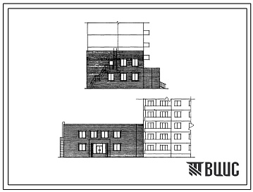 Фасады Типовой проект 264-28-2 Встроенно-пристроенный блок при жилых домах (стены кирпичные) отделения стройбанка на 20 сотрудников.