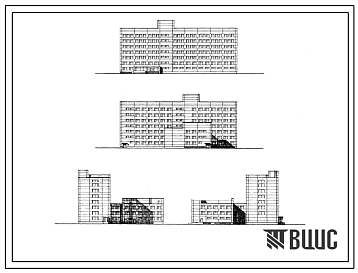 Фасады Типовой проект 252-4-11 Поликлиника на 850 посещений в смену в каркасно-панельных конструкциях серии ИИ-04, для строительства в 1В климатическом подрайоне, 2 и 3 климатических районах