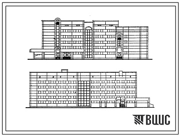 Фасады Типовой проект 252-07-23.89 Терапевтический корпус на 240 коек для расширения больниц (объёмно-планировочное решение). Здание пяти-,  шестиэтажное. Каркас по серии 1.020-1/83.  Стены из керамзитобетонных панелей по серии 1.030.1-1.