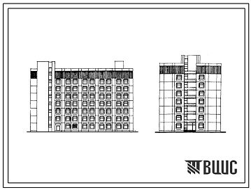 Фасады Типовой проект 251-07-24.89 Терапевтический корпус на 180 коек для расширения больниц (объёмно-планировочное решение). Здание восьмиэтажное.  Стены из трёхслойных керамзитобетонных панелей по серии 1.090.1-1.