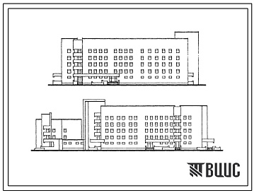 Фасады Типовой проект 254-07-15.88 Акушерский корпус на 150 коек для расширения существующих больниц (объемно-планировочное решение). Здание одно-,  двух-, четырех-, пятиэтажное. Стены из кирпича.