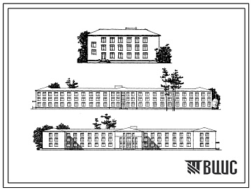 Фасады Типовой проект 254-1-31 Лечебный корпус на 240 коек для психоневрологических больниц. Здание трёхэтажное. Стены из кирпича.