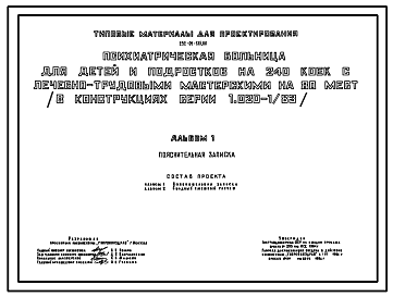 Состав Типовой проект 252-01-135.86 Психиатрическая больница для детей и подростков на 240 коек с лечебно-трудовыми мастерскими на 80 мест (в конструкциях серии 1.020-1/83)