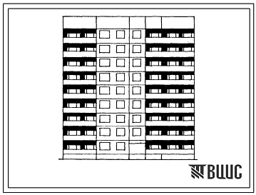 Фасады Типовой проект 1Лг-602-013/1 Девятиэтажная блок-секция торцевая правая на 35 квартир (однокомнатных 1А-8 двухкомнатных 2Б-9, трехкомнатных 3Б-9, четырехкомнатных 4Б-8, пятикомнатных 5А-1). Для строительства во 2Б климатических подрайонах Латвийской ССР