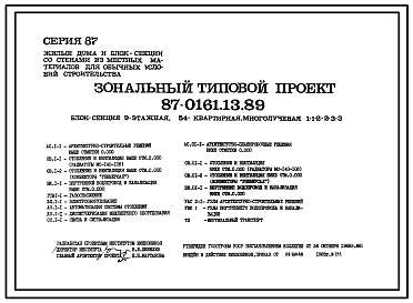 Состав Типовой проект 87-0161.13.89 Блок-секция многолучевая 9-этажная 54-квартирная 1-1-2-2-3-3 /для строительства в УССР/