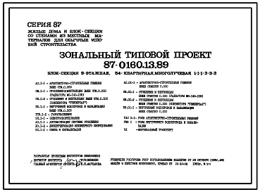 Состав Типовой проект 87-0160.13.89 Блок-секция многолучевая 9-этажная 54-квартирная 1-1-1-3-3-3 /для строительства в УССР/