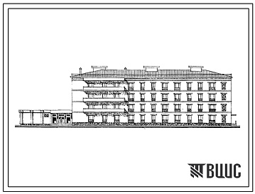 Фасады Типовой проект 164-77-78сп.85 4-этажное общежитие на 200 мест для студентов и учащихся профтехучилищ (с жилыми ячейками на 10 человек). Для строительства в 4А и 4Г климатических подрайонах сейсмичностью 7 баллов на грунтах 2 типа просадочности.