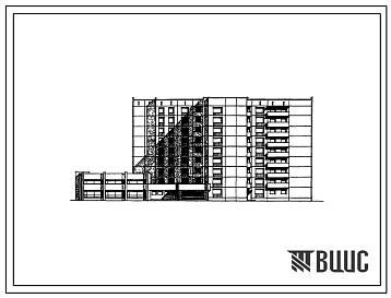 Фасады Типовой проект 161-97-87/1 Девятиэтажное общежитие на 585 мест для рабочих и служащих (с жилыми ячейками на 3, 4, 8, 10, 11 и 12 человек). Для строительства в 1В климатическом подрайоне