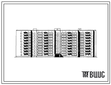 Фасады Типовой проект 164-87-125пв/1 Девятиэтажное общежитие для рабочих и служащих на 608 человек (кирпичное). Для строительства во IIВ, IIIБ и IIIВ климатических подрайонах, на просадочных грунтах и над горными выработками.