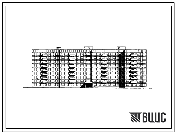 Фасады Типовой проект 163-87-121/1 Девятиэтажное общежитие для рабочих и служащих на 608 человек с блоком обслуживания со стенами из блоков. Для строительства во 2В, 3Б и 3В климатических подрайонах