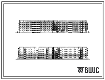 Фасады Типовой проект 161-125-34/1 Общежитие пятиэтажное на 400 мест для рабочих и служащих с ячейками на 3, 4 и 12 человек. Для строительства в 1В климатическом подрайоне, 2 и 3 климатических районах