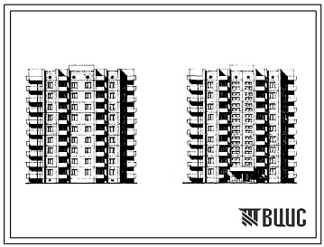 Фасады Типовой проект 161-135-0174с/1 Девятиэтажное общежитие для рабочих и служащих с 14 вариантами блокировок вместимостью от 176 до 768 мест. Для строительства в 3Б климатическом подрайоне сейсмичностью 7 и 8 баллов