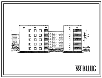 Фасады Типовой проект 87-053пв/71 5-этажная унифицированная блок-секция торцевая левая на 15  квартир 1Б.2Б.3А . Для строительства во 2В, 3Б и 3В климатических подрайонах Украинской ССР, на просадочных грунтах