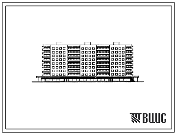 Фасады Типовой проект 114-87-111/1 Девятиэтажный трехсекционный дом на 96 квартир (двухкомнатных 2Б-48, трехкомнатных 3А-24, 3Б-24) с продовольственным магазином со стенами из кирпича. Для строительства во 2В, 3Б, 3В климатических подрайонах Украинской ССР