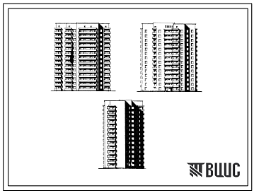 Фасады Типовой проект 124-87-107 14-этажный односекционный 84-квартирный(однокомнатных 1Б-14, двухкомнатных 2Б-57, трехкомнатных 3Б-13) жилой дом со стенами из кирпича. Для строительства во 2В, 3Б, 3В климатических подрайонах Украинской ССР