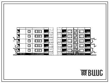Фасады Типовой проект 99-016/1 Блок-секция пятиэтажная торцевая левая на 10 квартир (трехкомнатных 3А-5, пятикомнатных 5А-5). Для строительства в 1В климатическом подрайоне, 2 и 3 климатических районах