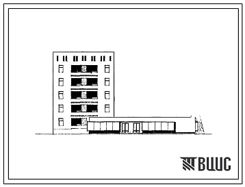 Фасады Типовой проект 63-016c/1 Блок-секция 5-этажная торцовая на 9 квартир (двухкомнатных 2Б-5, трёхкомнатных 3А-4) со встроенно-пристроенным кондитерским магазином на 11 рабочих мест. Для строительства в 4Б и 4В климатических подрайонах Азербайджанской ССР сей